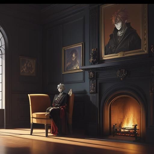 Alastor by Fireplace: Dark Fantasy Anime in Manga Style