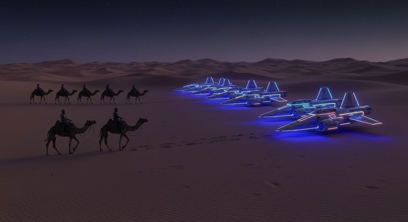 Camels Meet Futuristic Speeders in Desert Night