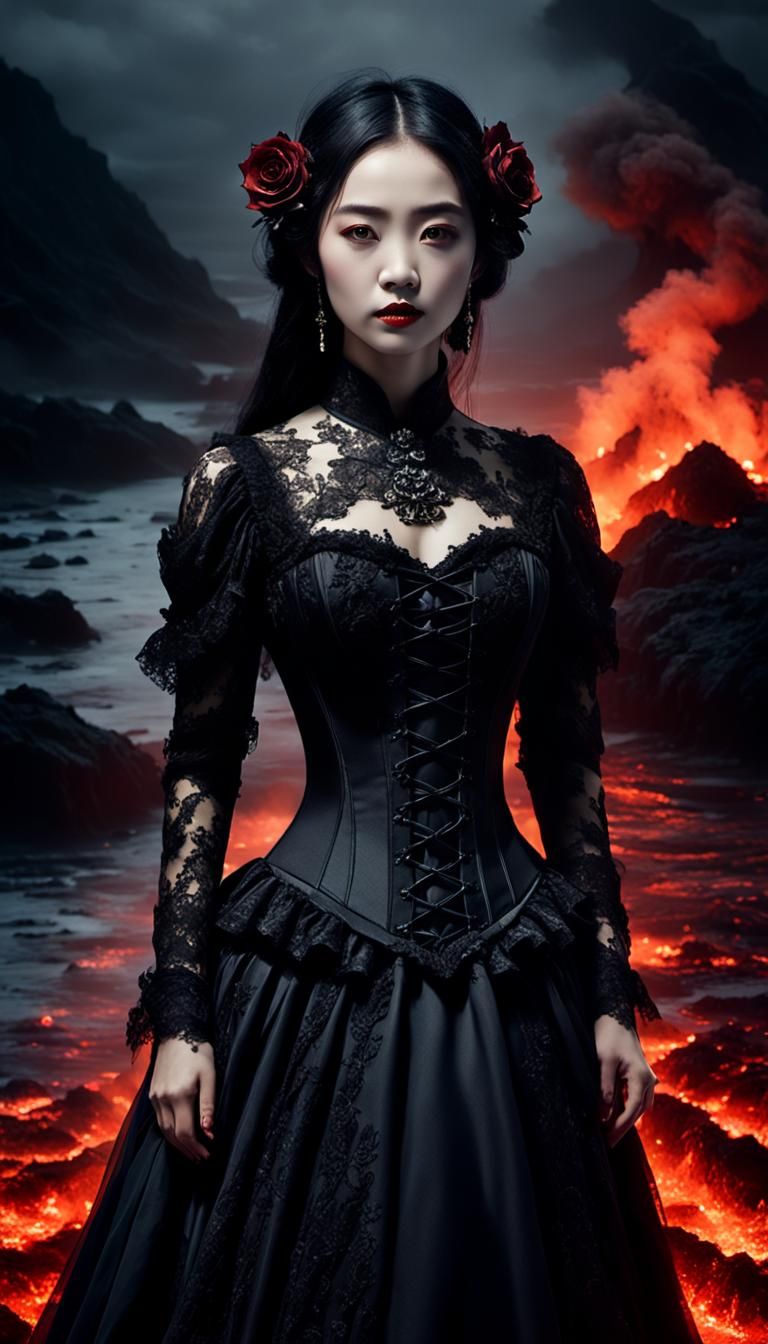 Dark Chinese Gothic Fashion in Volcanic Landscape