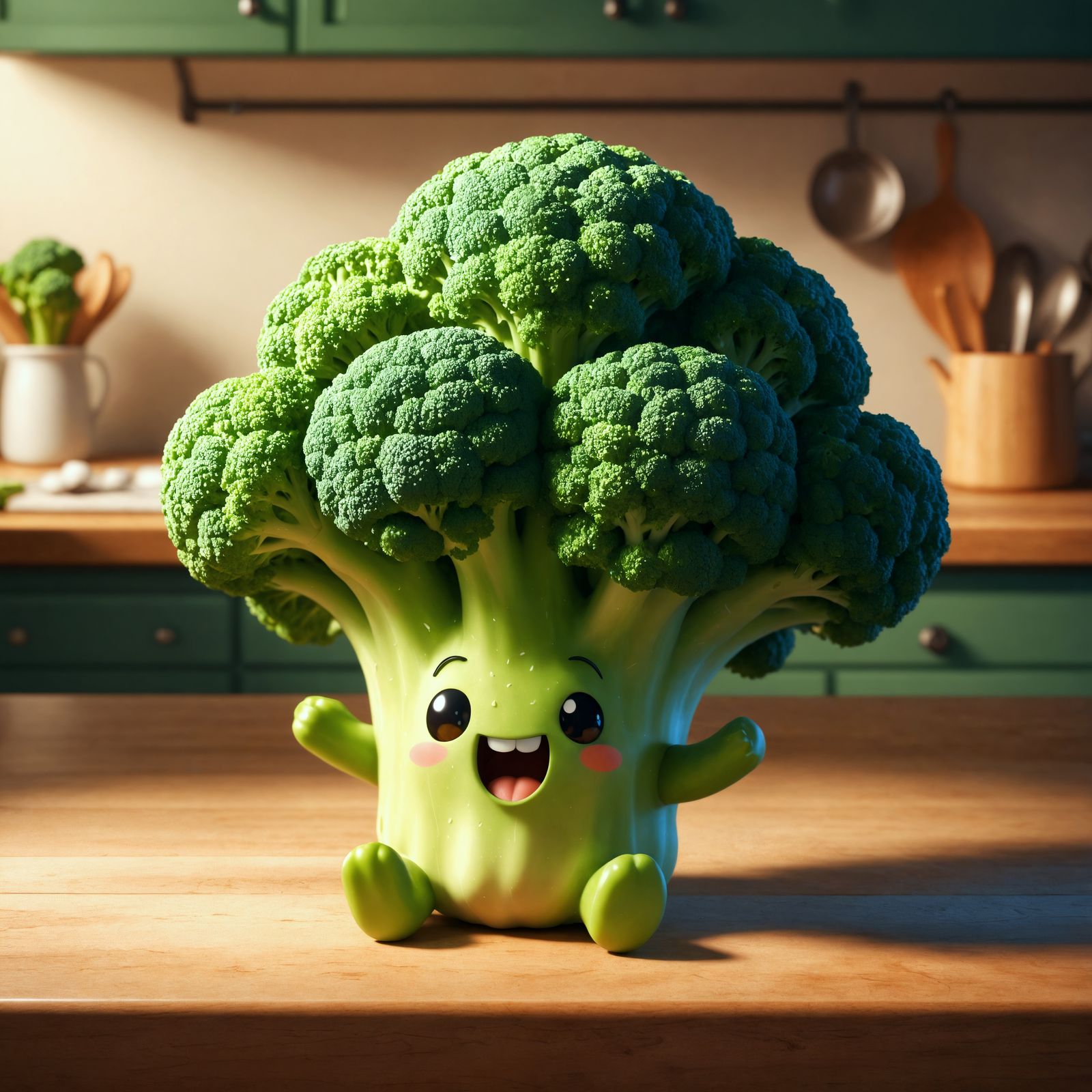 Happy Broccoli on a Kitchen Table
