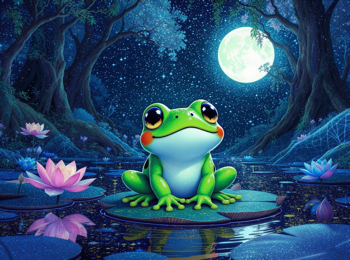 Adorable Chibi Frog on Lilypad Under Moonlight