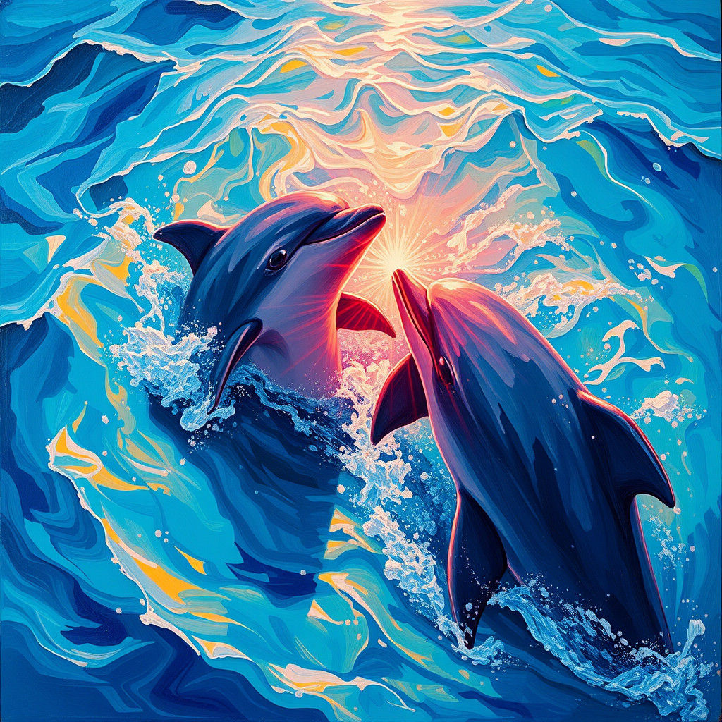Dolphin Fins in Turquoise Water, Expressionist Oil Painting