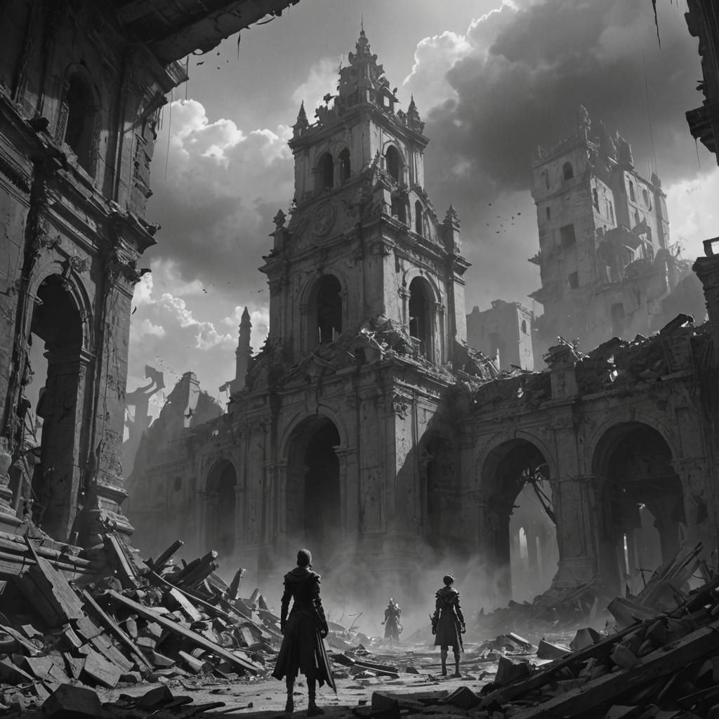 Monochrome Surreal War Scene in Ruins