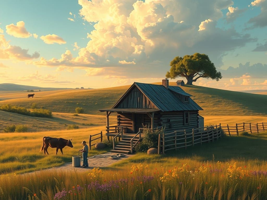 Homestead on the Prairie at Sunset