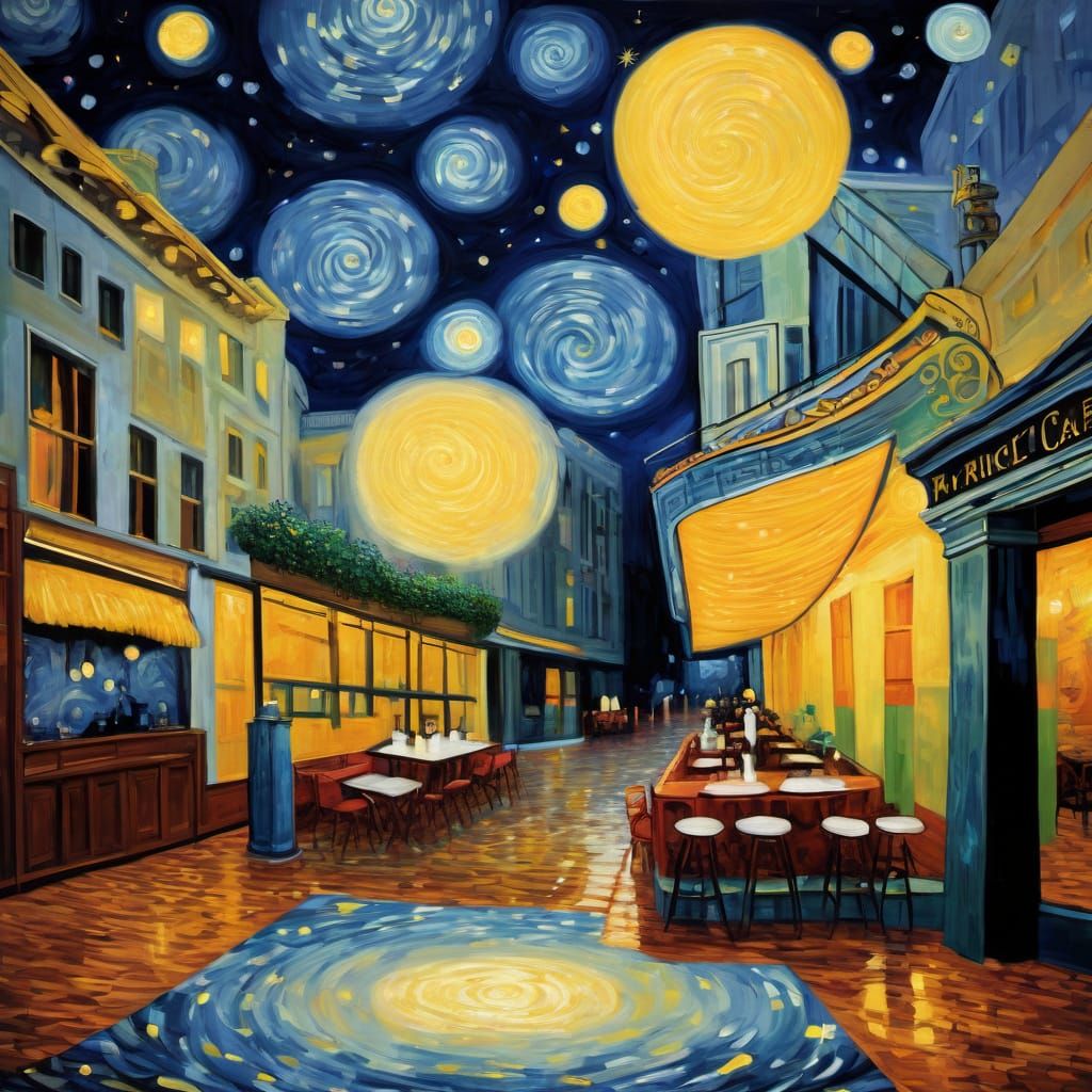 Magical Impressionist Cafe Interior With Van Gogh Sky