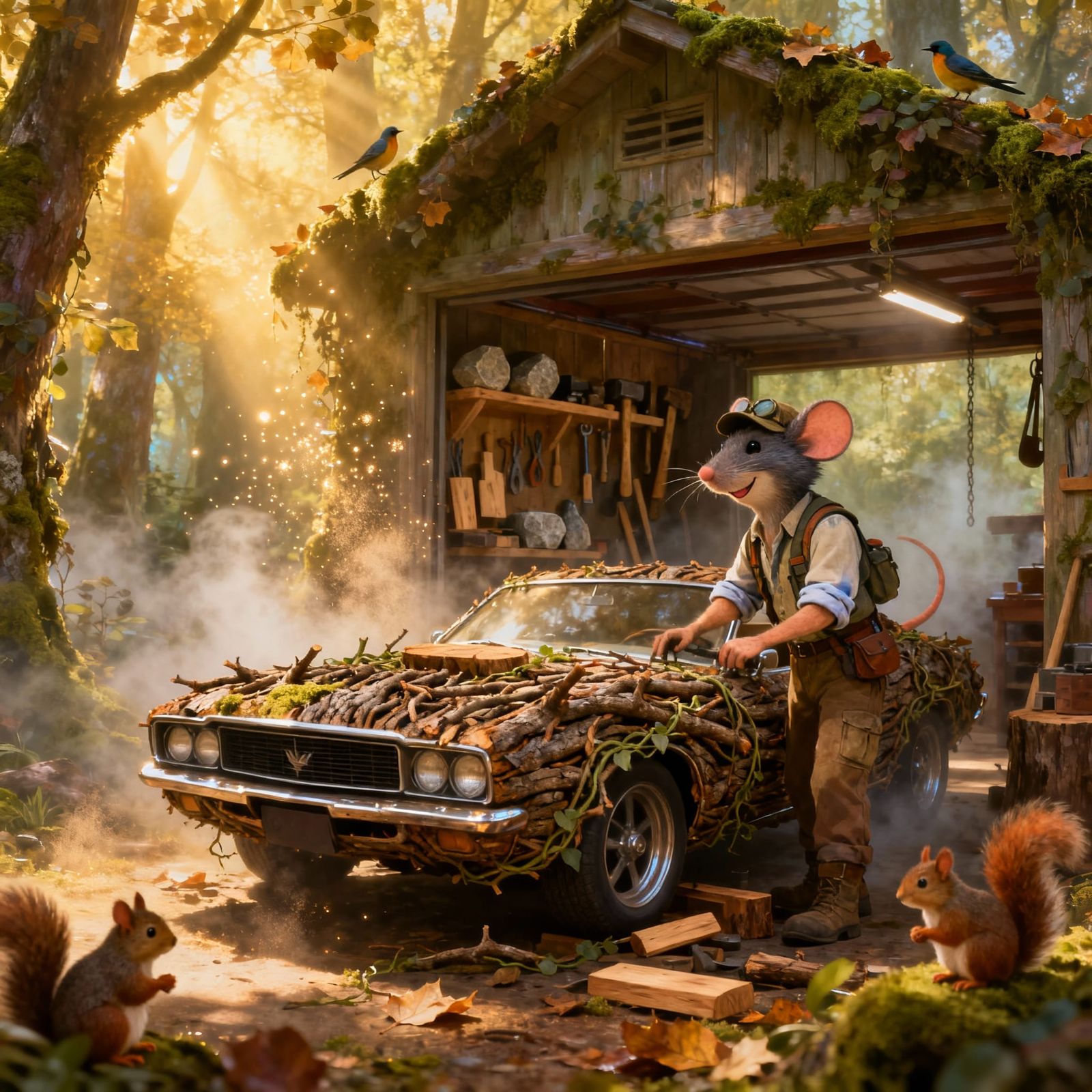 Mouse Adventurer Builds Muscle Car in Enchanted Forest Garag...