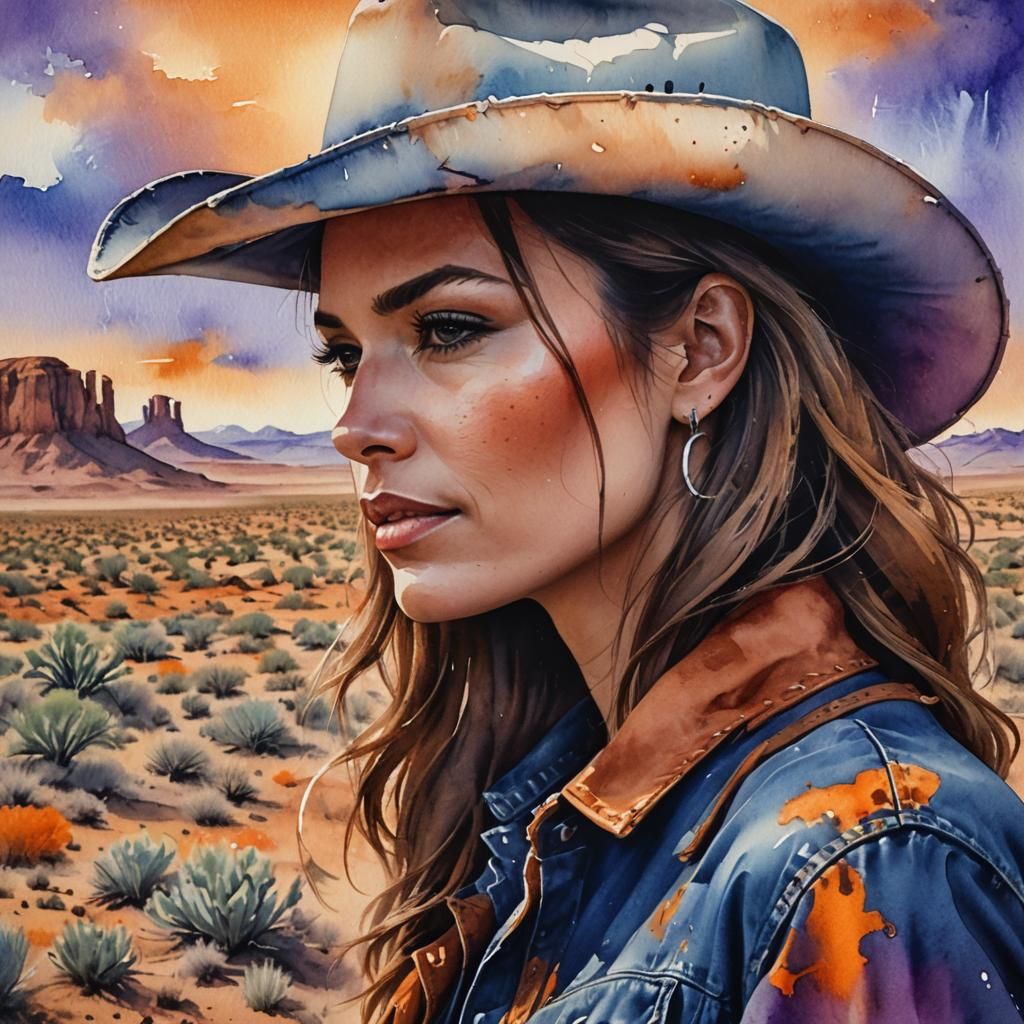 Watercolor Portrait of Woman with Cowboy Hat