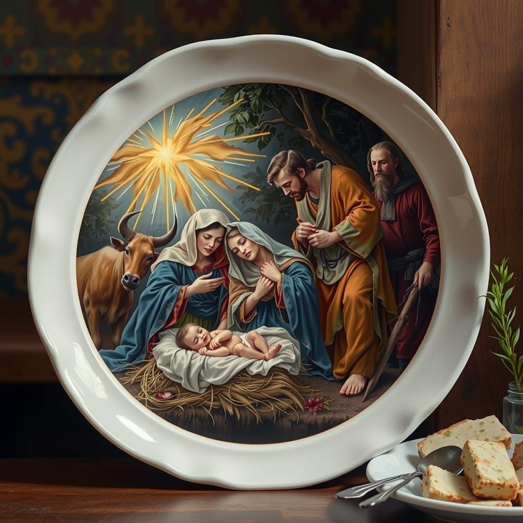 A Hyper-Realistic Nativity Scene on White Ceramic Plate