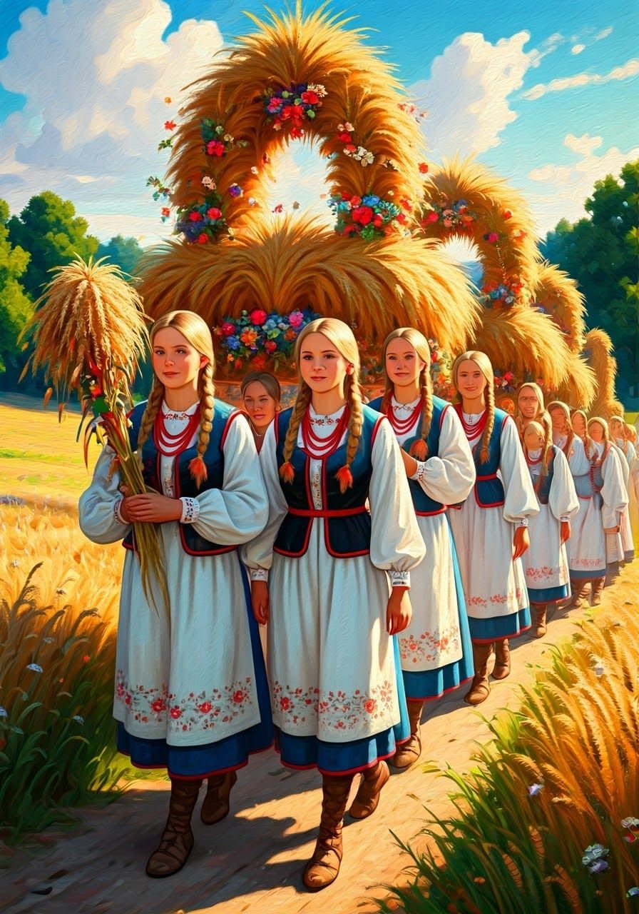 Medieval Polish Harvest Festival in Pointillist Style