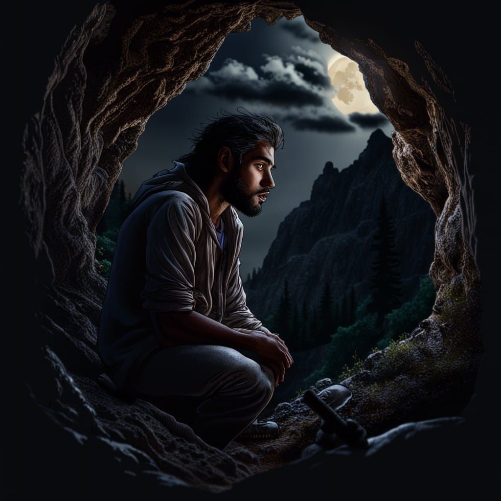 Youthful Werewolf Emerges from Cave Under Full Moon