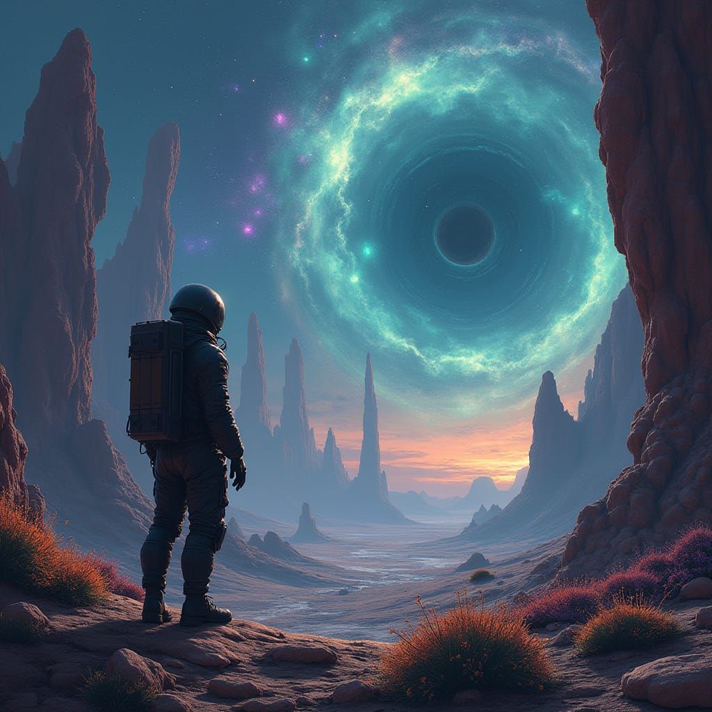 Astronaut Gazes at Nebula on Alien Planet