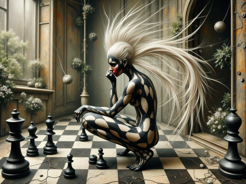 Surreal Figure in Black and White Chessboard Aesthetic