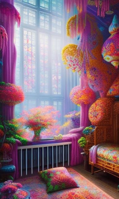 Fantastical Maximalist Room with Birds in Anime Style