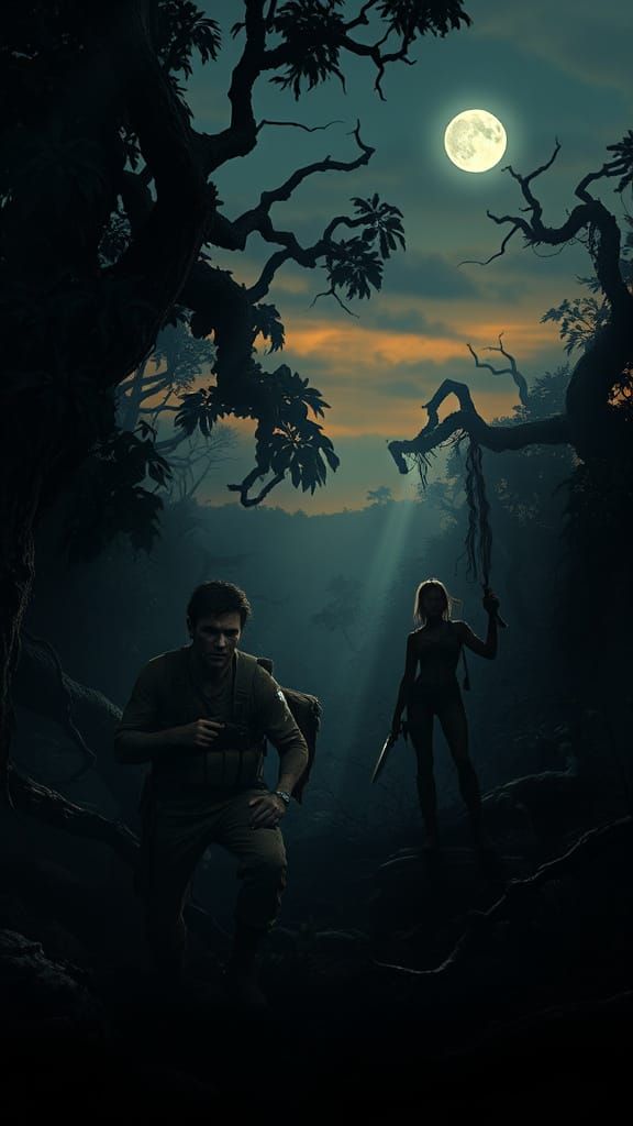 Twilight Jungle Landscape with Ancient Trees and Eerie Glow