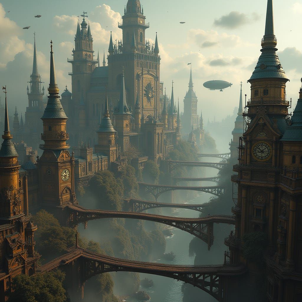 Steampunk Metropolis with Clockwork Spires and Airships