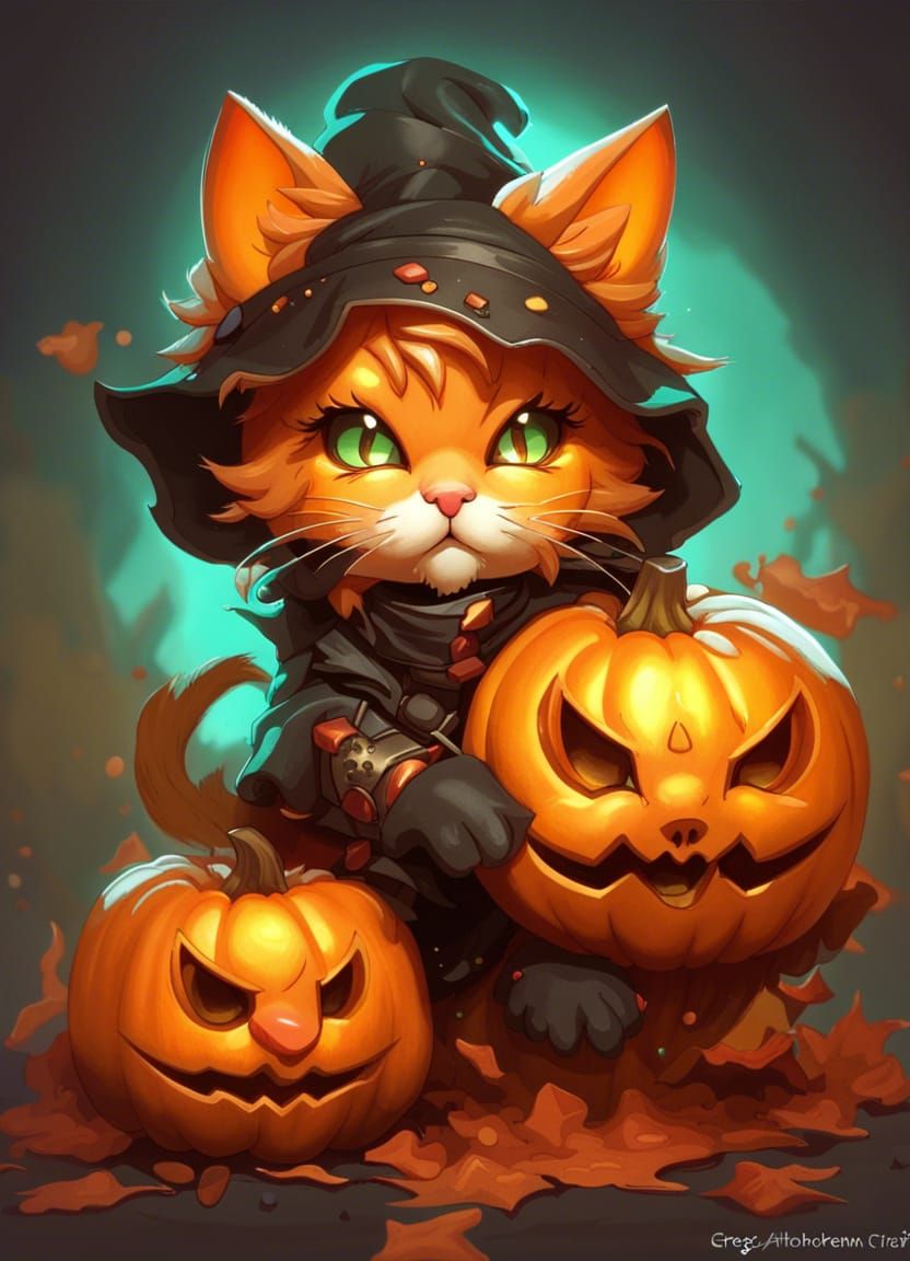 Chibi Pumpkin Kitten Portrait for Halloween
