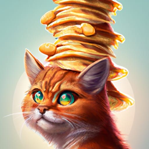 Fluffy Orange Cat with Pancakes, Digital Illustration