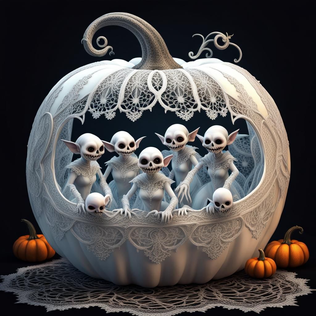 little goblins gang carved in a transparent lace pumpkin
