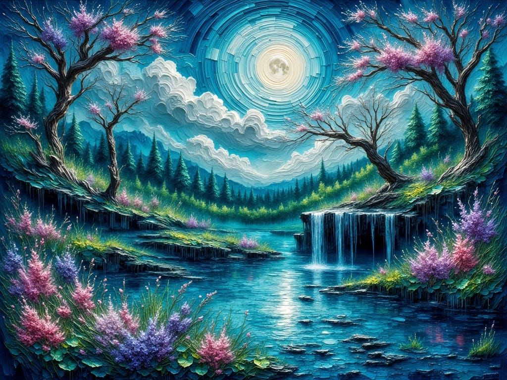 Impasto Moonlit Lake with Vibrant Blues and Wildflowers