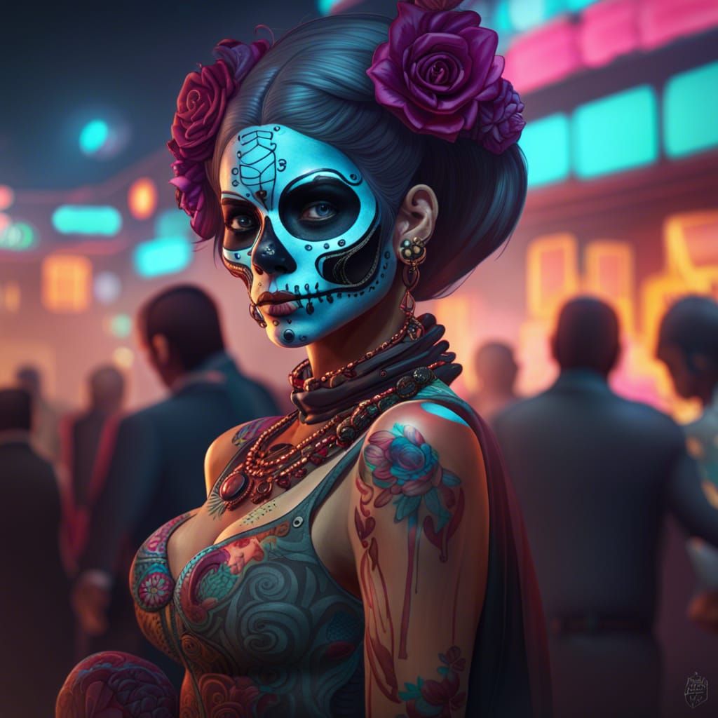Cyberpunk Día de los Muertos Woman with Neon Accents