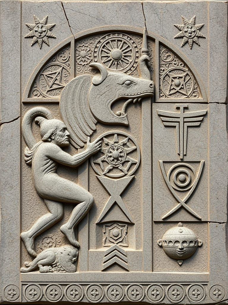 Surreal Geometric Art in Stone Carving Style