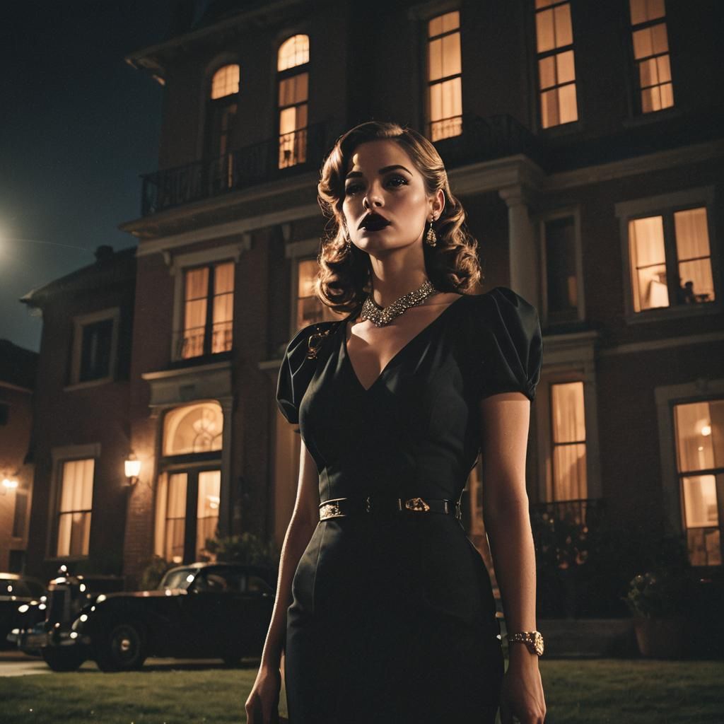 Film Noir Mafia Girl in Front of Luxury House