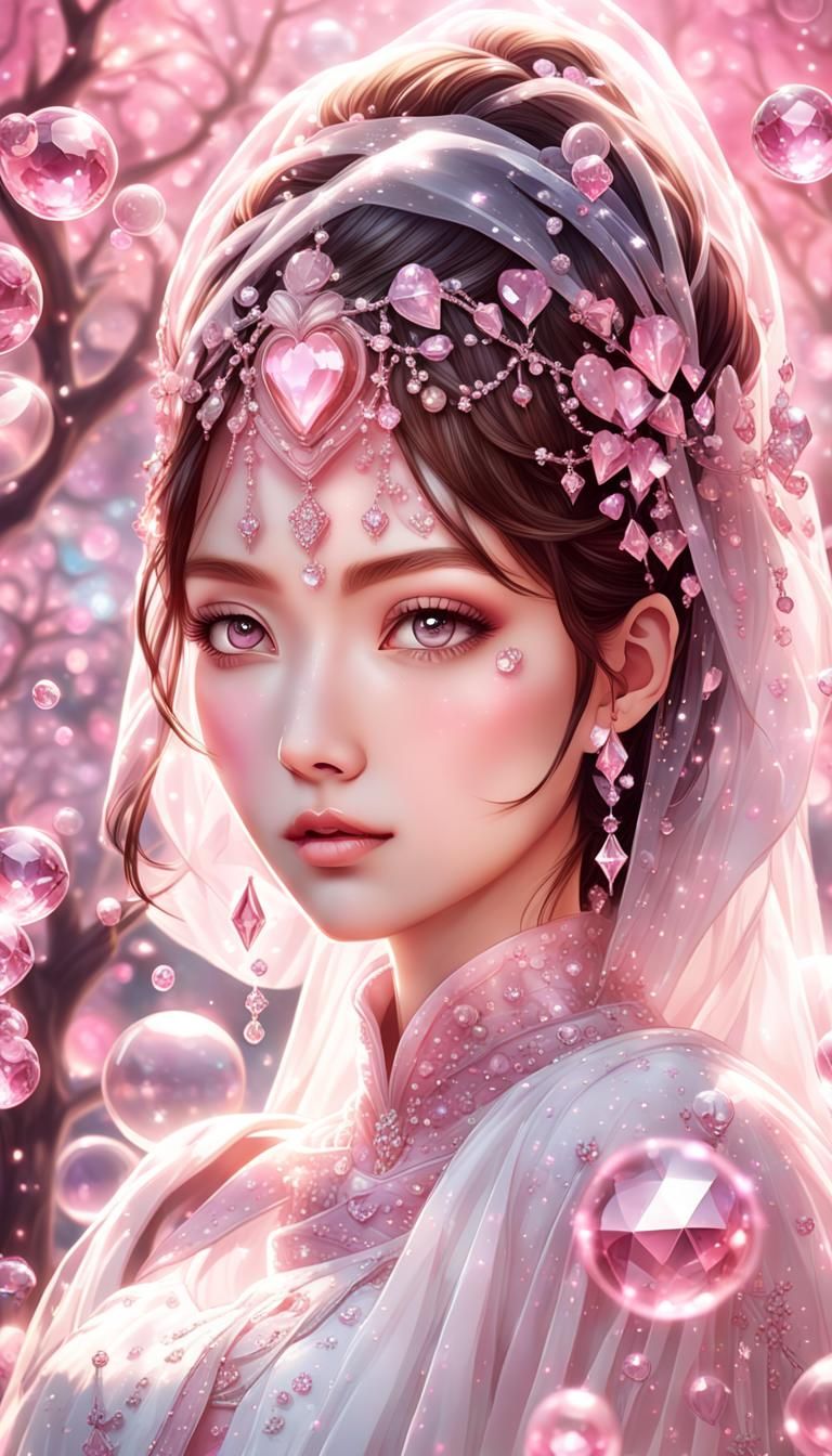 Pink Crystal Anime Girl with Heart Bubbles