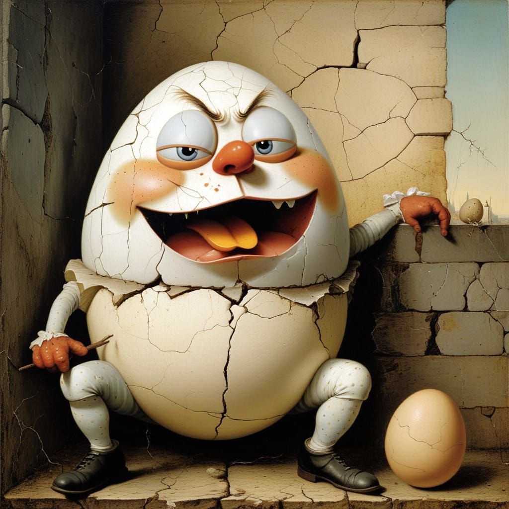 Mysterious Surrealist Egg Sits on a Wall, Cracked and Furiou...
