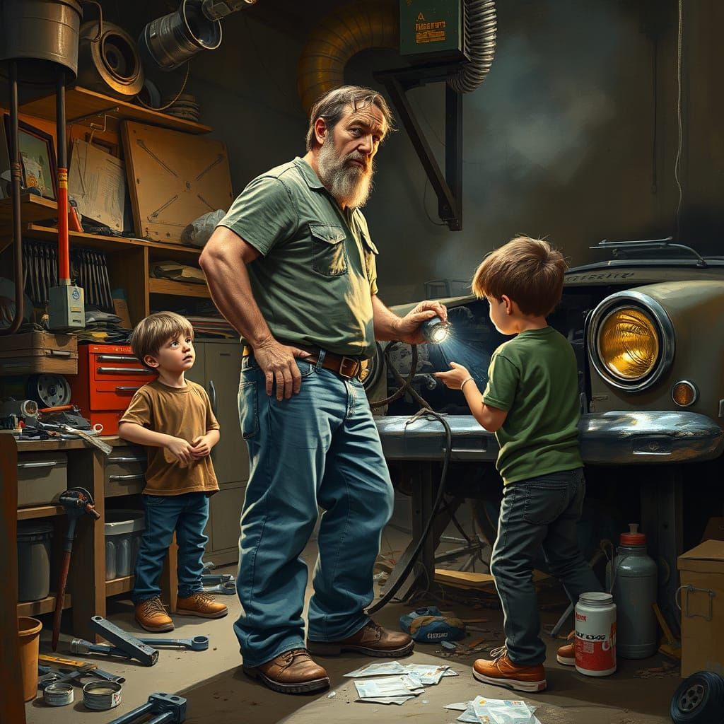 Father and Kids Repairing Car: Hyper-Realistic Gritty Art