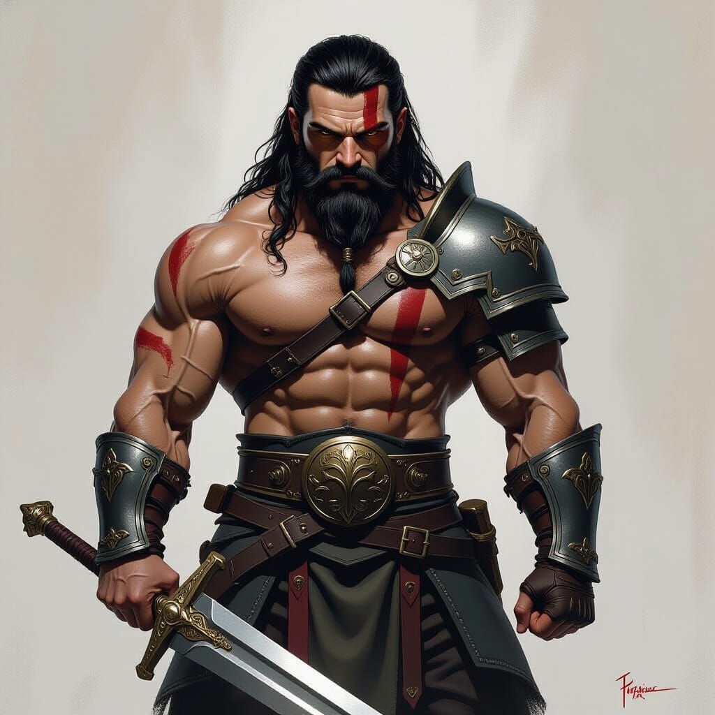 Muscular Bearded Warrior with Greatsword in Heroic Fantasy S...