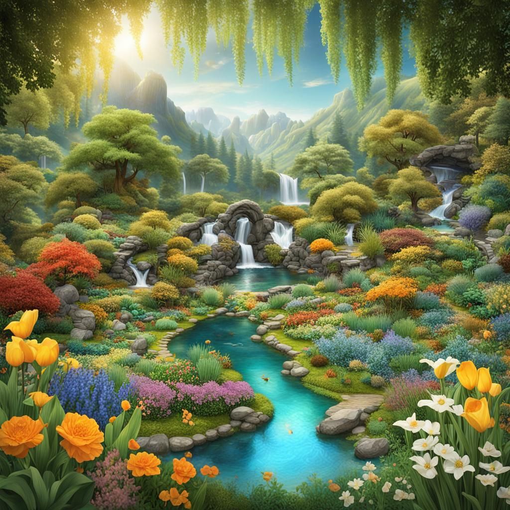 Idyllic Paradise Garden with Precious Stones