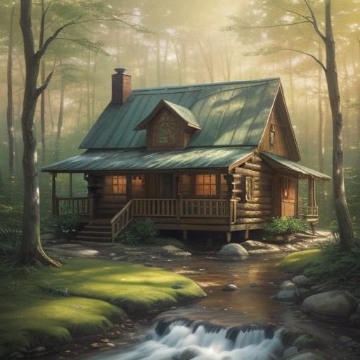 Whimsical Cabin in Woods, Kinkade Style Oil Painting