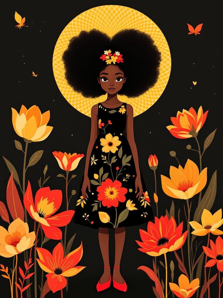 Confident Young Girl Amidst Vibrant Graphic Florals