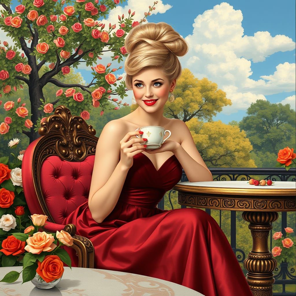Elegant Woman with Coffee, Art Nouveau Style