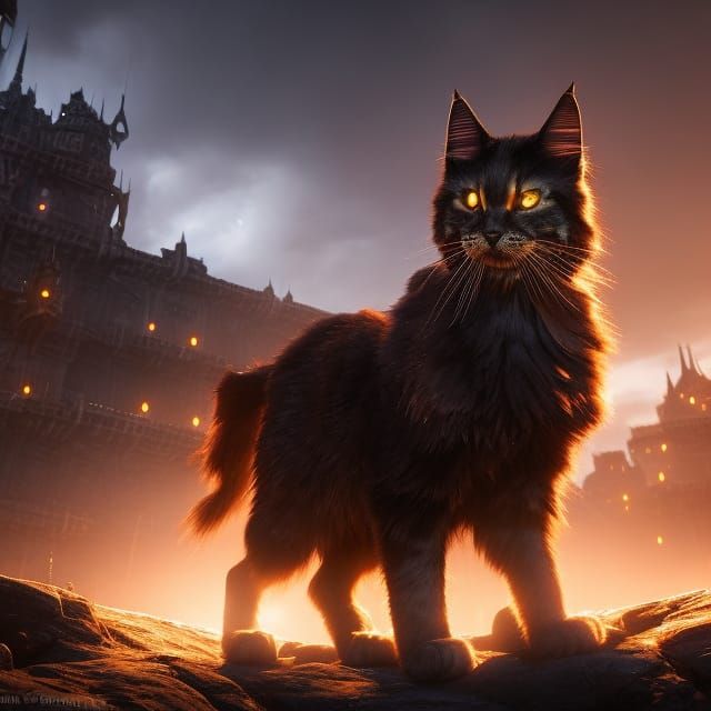 Armored Cat Guards Futuristic Castle, Dark Fantasy Art