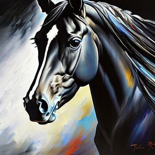 Black Horse Portrait with Blue Eyes, Sinister Oil Painting