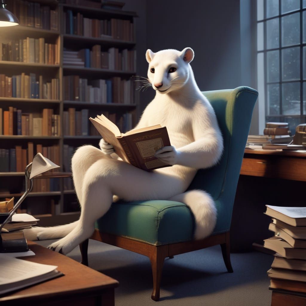 Whimsical Ermine Reader in a Cozy Office
