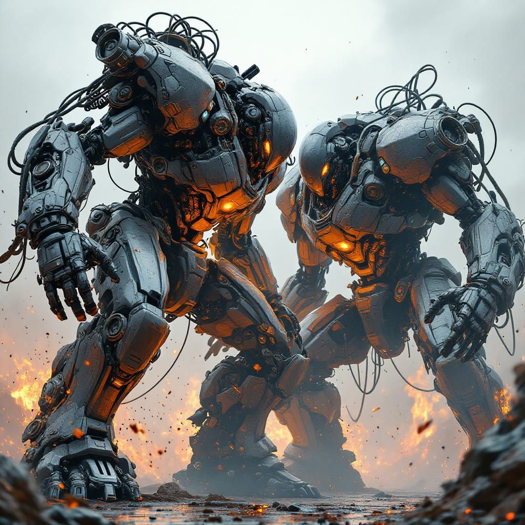 Mecha Robots Clash in Hyperrealistic Battle