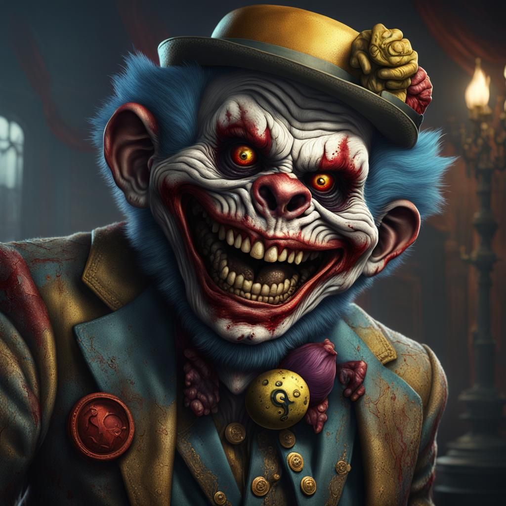 Zombie Monkey Clown Grinning Maniacally: Detailed Digital Pa...