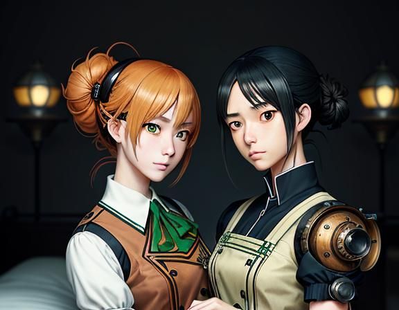 Anime Twin Sisters Kissing in Steampunk Style