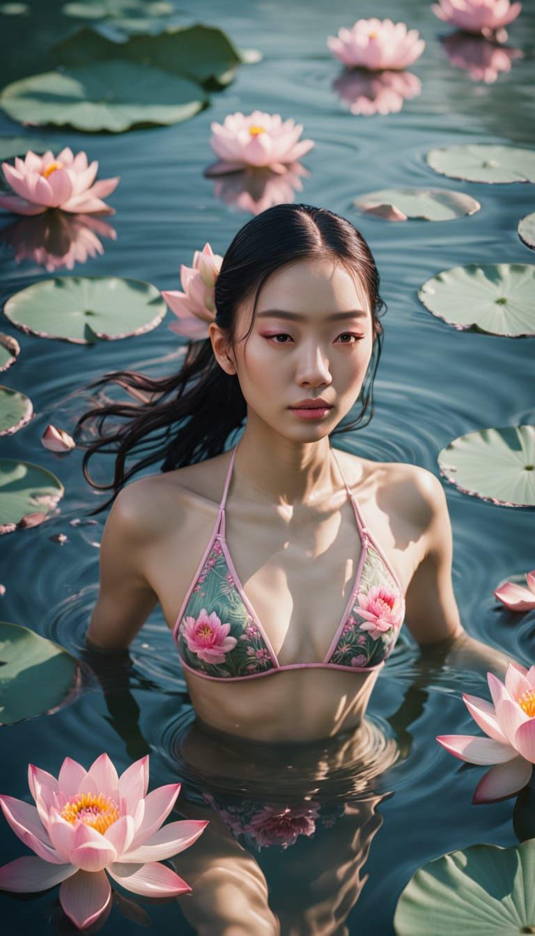 Lotus Woman in Water: Hyperrealistic Floral Photography