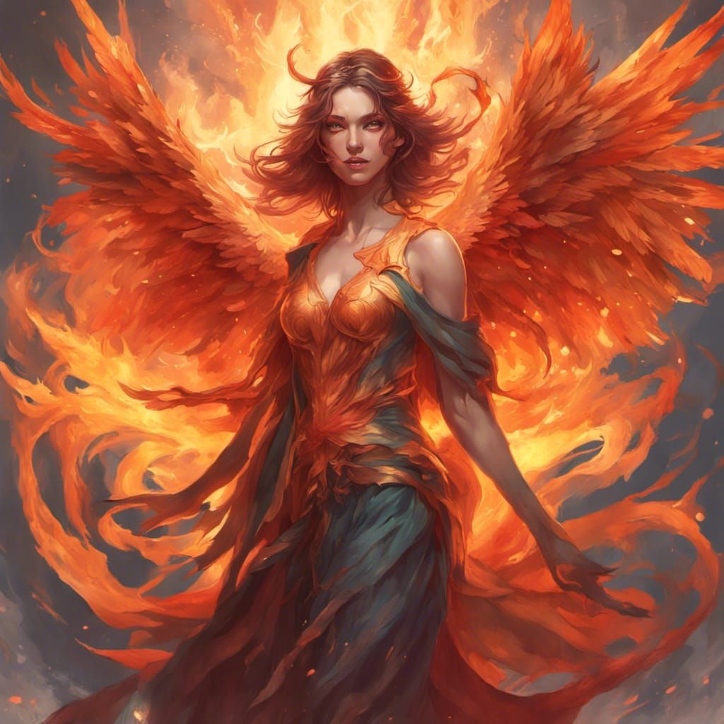 Fiery Female Phoenix Reborn: Dynamic Lighting Concept Art