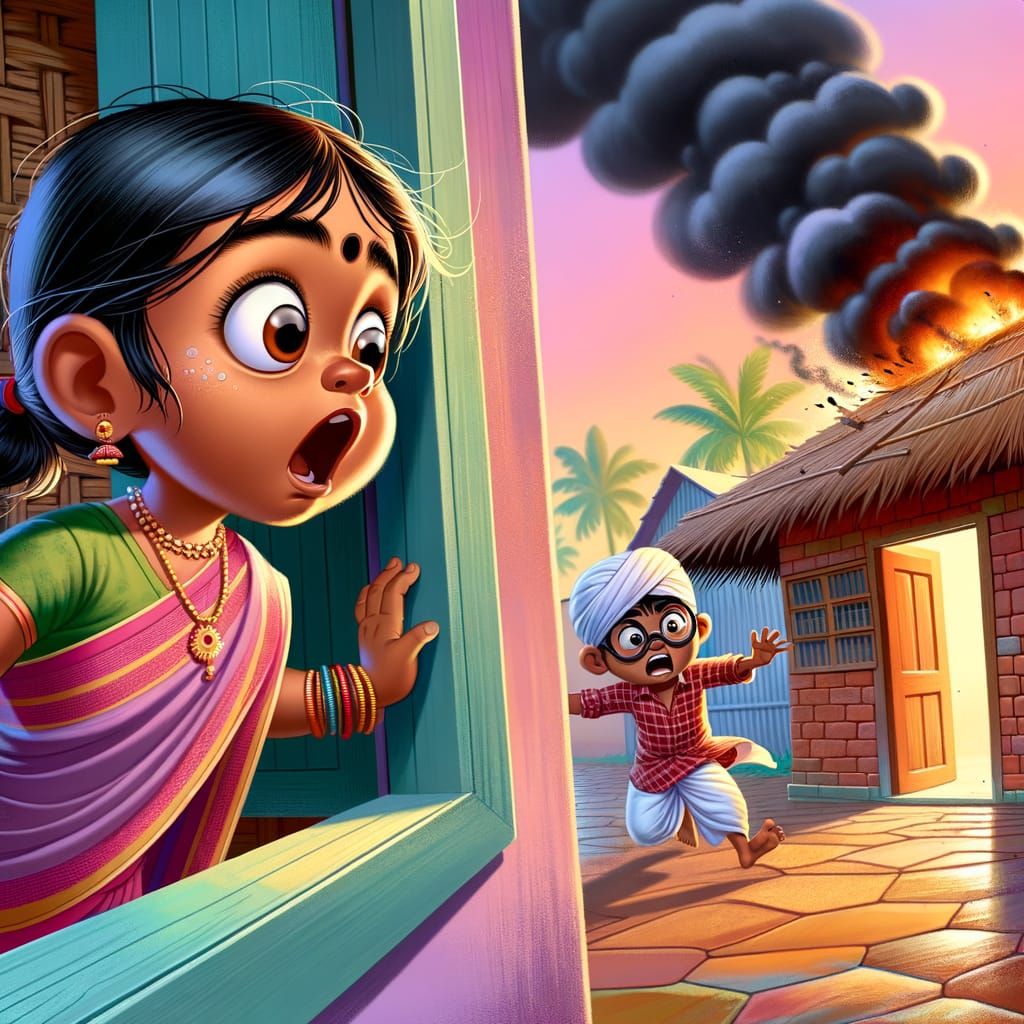 Vibrant South Asian Village Scene in Cartoon Style