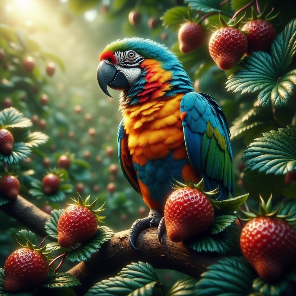Iridescent Parrot Enjoys Strawberry in Hyperreal Style