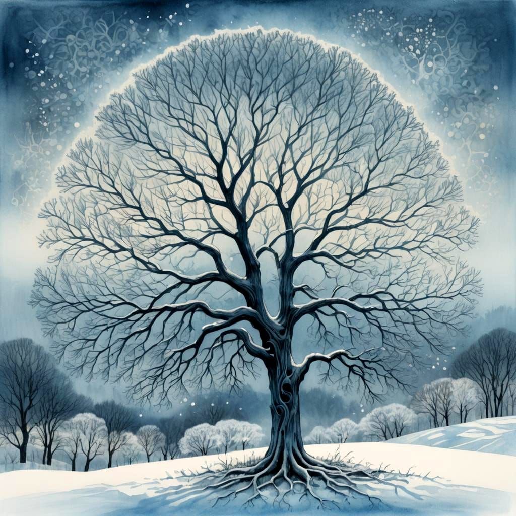 Monochromatic Blue Tree in Winterscape Ink Drawing