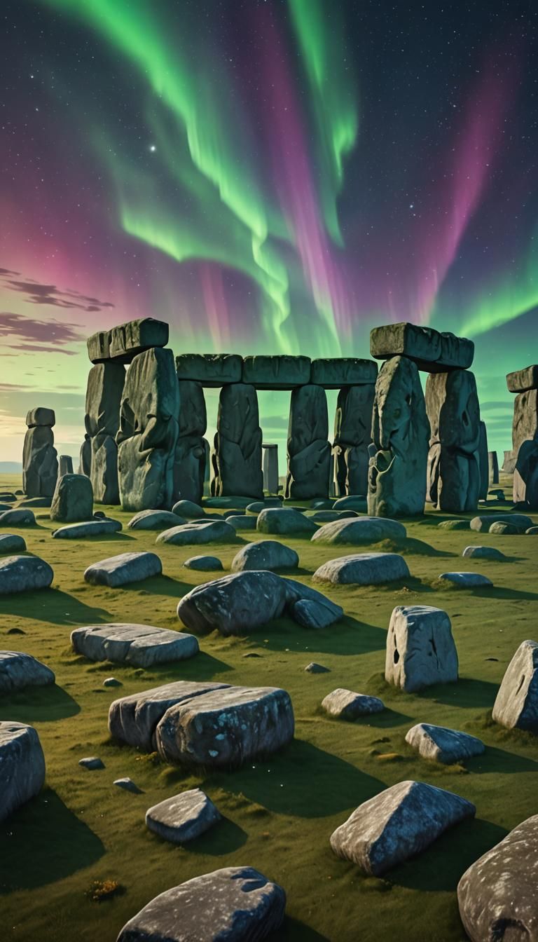 Stonehenge and Aurora Borealis: Fantasy Concept Art