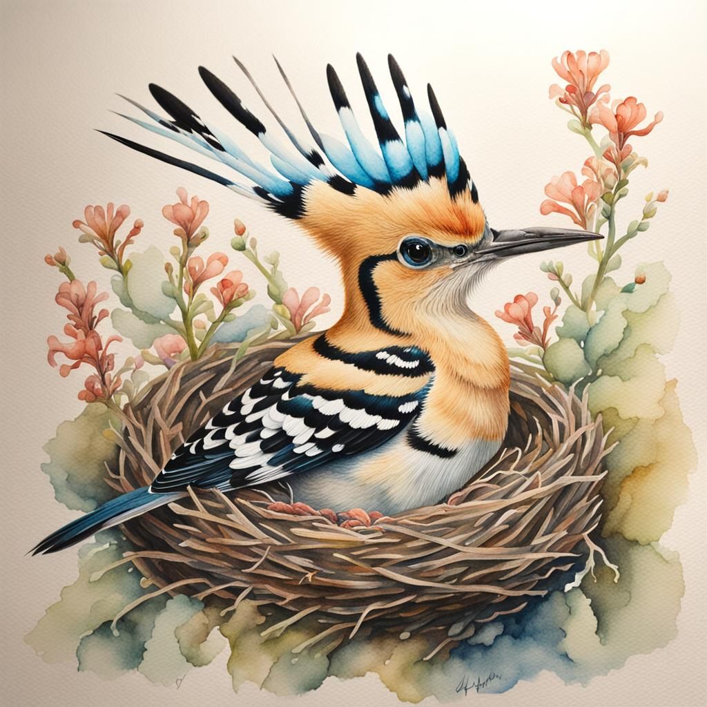 Hoopoe in Nest with Bioluminescent Flowers, Watercolor