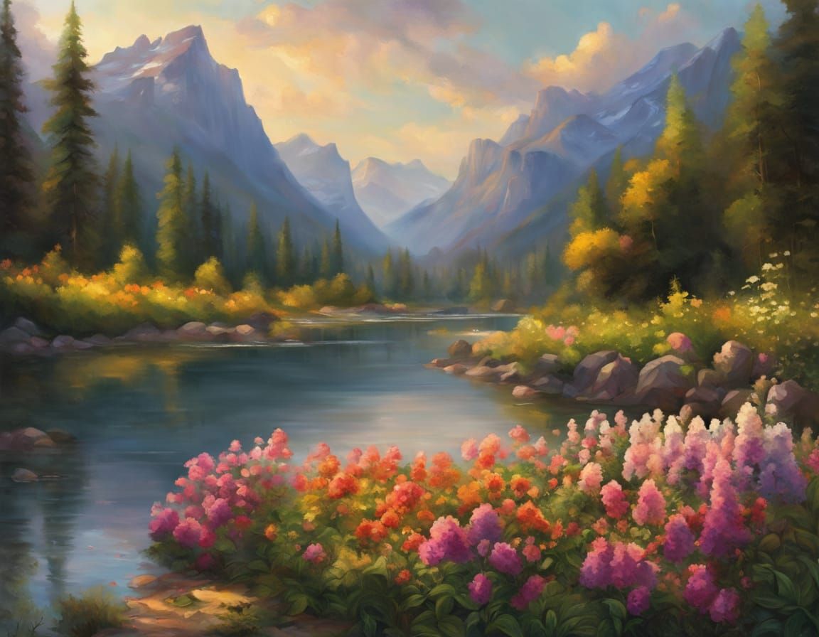 Serene Spring Forest Landscape in Oil Painting Style