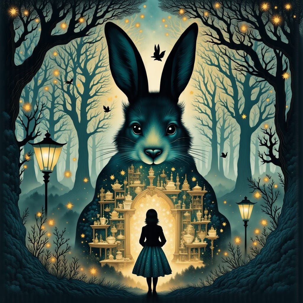 Dreamy Rabbit Silhouette in Storybook Style