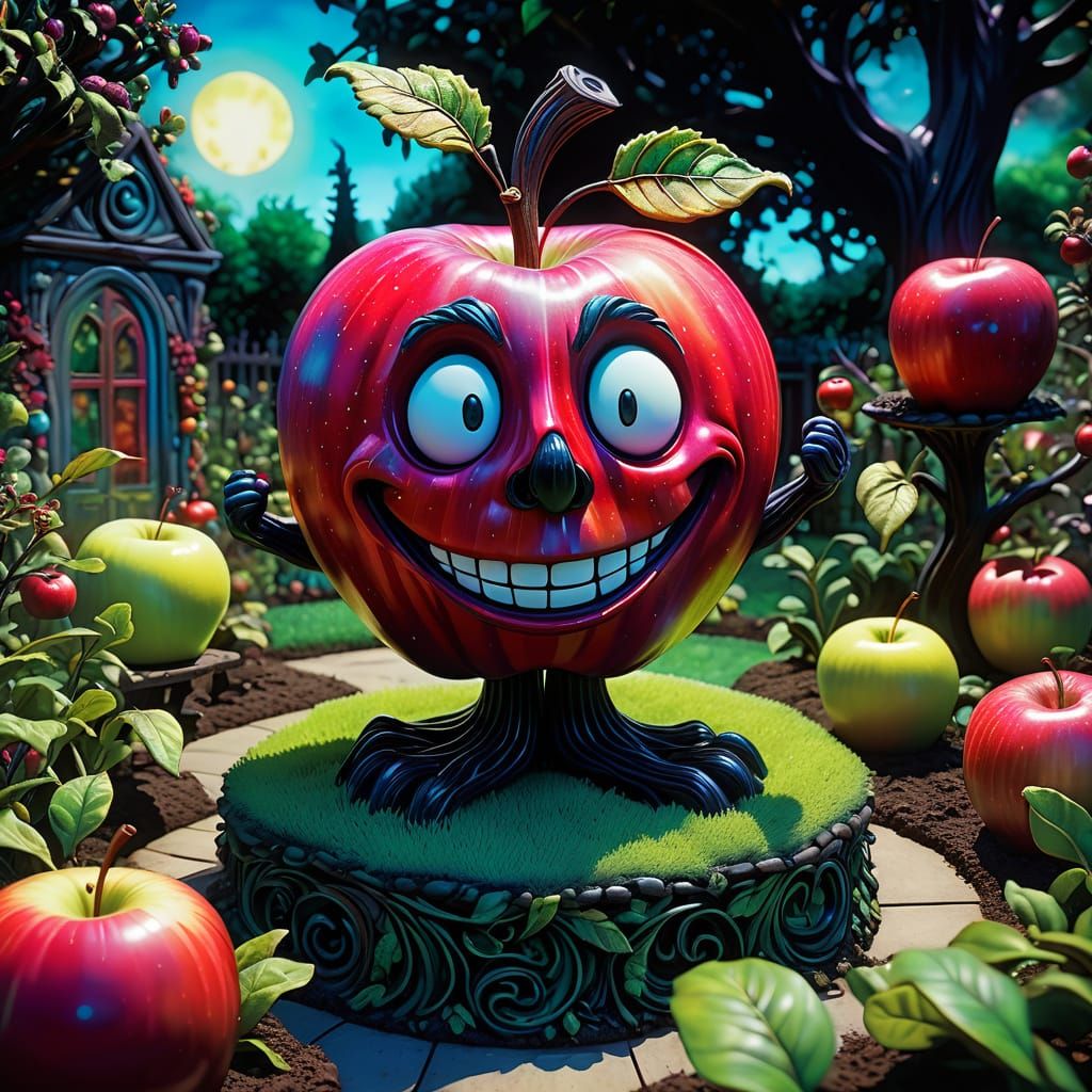 Whimsical Apple in a Vibrant Garden Scene